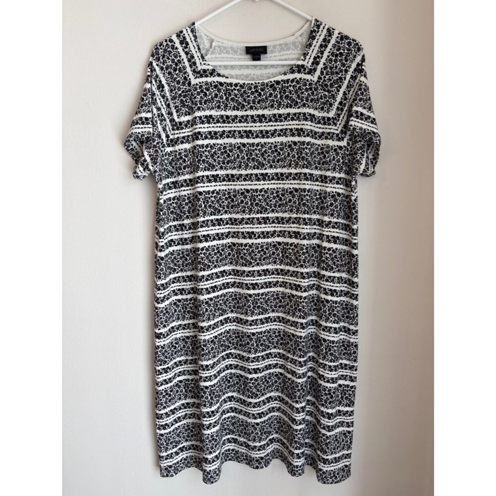J. Jill women’s Black & White Striped Floral Shift short sleeve Dress stretchy L